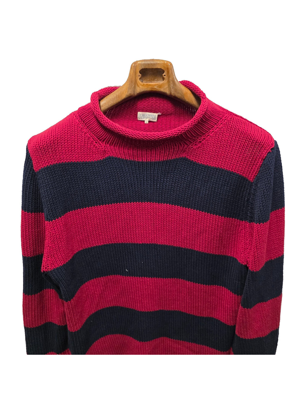 Quaker Marine Supply Fishermans Sweater Roll Neck Mens L Navy red Chunky 22.5x29